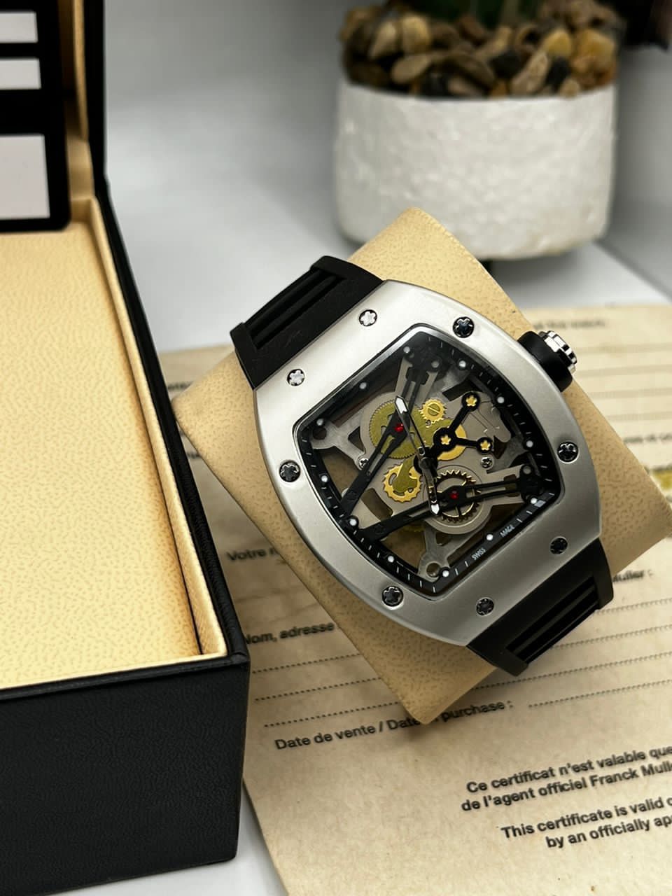 Richard Mille unisex watch with black leather strap